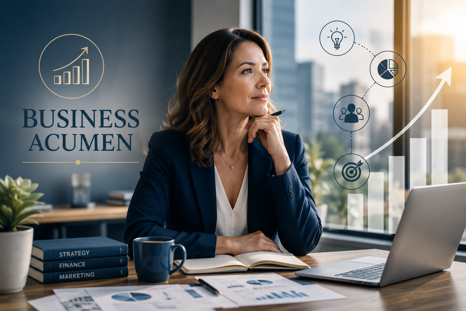 business acumen woman thinking at office desk